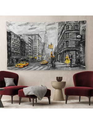 Harita Sepeti New York Sokakları Ve Sarı Taksi Yağlıboya Görünüm Duvar Örtüsü-Halısı-3500