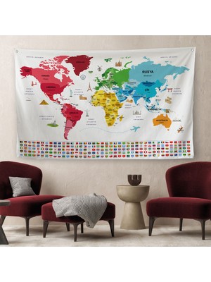 Harita Sepeti Türkçe Ülke Bayrak Lı Eğitici Başkent Detaylı Atlası Dünya Haritası  Duvar Örtüsü-Halısı 3861
