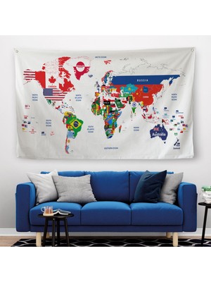 Harita Sepeti Dünya Haritası Bayrak Desenli Dekoratif Kanvas Duvar Örtüsü-Halısı 1043 