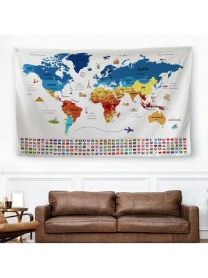 Harita Sepeti Ülke Bayrak Lı Eğitici Başkent Detaylı Atlası Dekoratif Dünya Haritası  Duvar Örtüsü-Halısı 3857