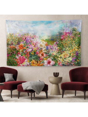 Harita Sepeti Suluboya Görünümlü Çok Renkli Çiçek Manzaralı Kanvas Duvar Örtüsü-Halısı-1196