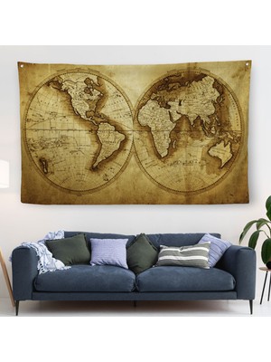 Harita Sepeti Eskitme Dünya Haritası Vintage Dekoratif Kanvas Duvar Örtüsü-Halısı 1105
