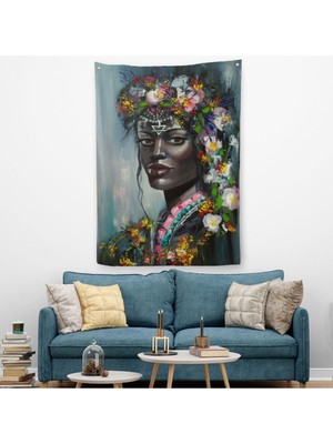 Harita Sepeti Çiçek Taçlı Afrikalı Kadın Duvar Örtüsü - Halısı-5979