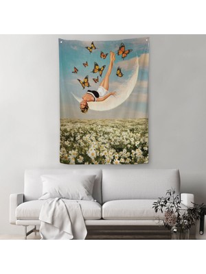 Harita Sepeti Papatya Tarkası Üzerındeki Mutlu Kadın Duvar Örtüsü - Halısı-6274