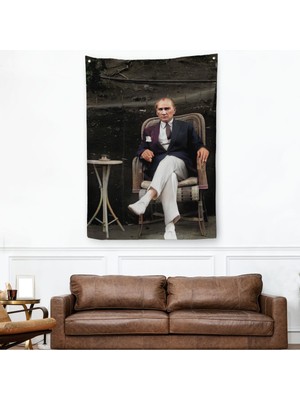 Harita Sepeti Mustafa Kemal Atatürk'Ün Sandalyede Oturan Duvar Örtüsü-Halısı -6379
