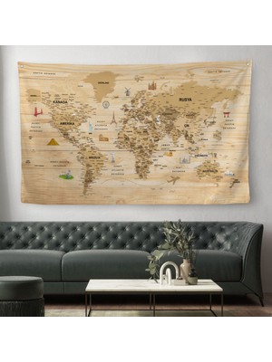 Harita Sepeti Ahşap Görünümlü Türkçe Eğitici Detaylı Atlası Dekoratif Dünya Haritası  Duvar Örtüsü-Halısı 3843