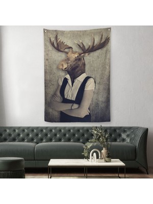 Harita Sepeti Geyik Kafalı Insan Duvar Örtüsü - Halısı -4984