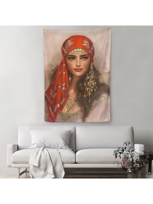 Harita Sepeti Kırmızı Başörtülü Güzel Kadın Duvar Örtüsü-Halısı - Halısı-6206