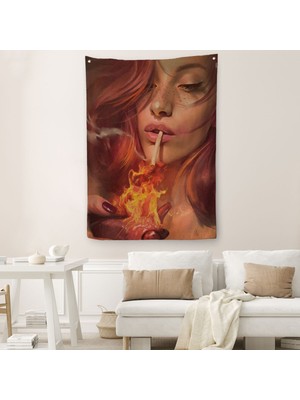 Harita Sepeti Platonik Aşkın Tavrı Sigarasını Yanan Bir Kalpten Yakan Kadınduvar Örtüsü - Halısı-5247