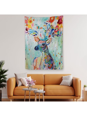 Harita Sepeti Renkli Çiçek Detaylı Geyik Dekoratif Duvar Örtüsü - Halısı-6196