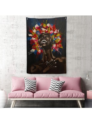 Harita Sepeti Yağlıboya Görünümlü Renkli Saçlı Gülen Siyahi Kadın Duvar Örtüsü-Halısı-6367