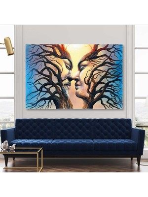 SML Tablo Ağaç Dallarında Romantik Çift Doğa Manzara Aşk Yatay Kanvas Tablo