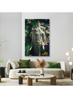 SML Tablo Yeşilliklerin Içinde Fil Pembe Çiçekler Hayvan Dikey Kanvas Tablo