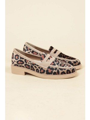 Birikon Süet Garnili Kadife Leopar Loafer Ten