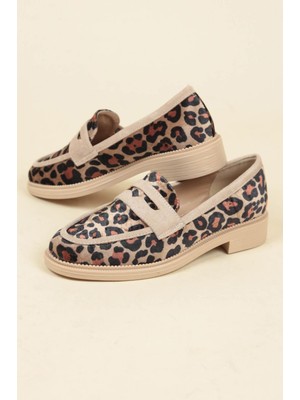 Birikon Süet Garnili Kadife Leopar Loafer Ten