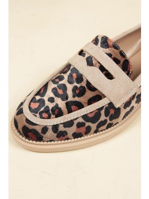 Birikon Süet Garnili Kadife Leopar Loafer Ten