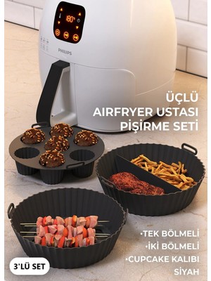 HYD Airfryer Ustası 3'lü Silikon Pişirme Seti Siyah Yüksek Isı Dayanımlı Yapışmaz Kalıp