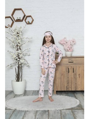 Lolli Boom Kids  Kopya - Kız Çocuk V Yaka Düğmeli Pembe Renk Pijama Takımı