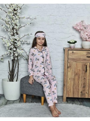 Lolli Boom Kids  Kopya - Kız Çocuk V Yaka Düğmeli Pembe Renk Pijama Takımı