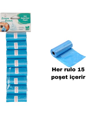 Bamm Bamm Mavi Kirli Bebek Bezi Poşeti Çanta Boy Küçük 120 Adet 8 Rulo Büzgülü Kokusuz