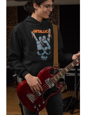 Fuddy Moda Metallica Rock Işareti Baskılı Kapüşonlu Sweatshirt, Unisex Oversize Rock Metal Baskılı Hoodie