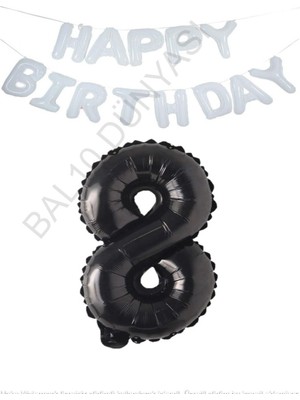 Beyaz Happy Bırthday Set ve Siyah Rakam Folyo Balon Seti Yaş 8