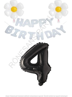 Beyaz Happy Bırthday Set Papatya ve Siyah Rakam Folyo Balon Seti Yaş 4