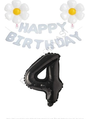 Beyaz Happy Bırthday Set Papatya ve Siyah Rakam Folyo Balon Seti Yaş 4