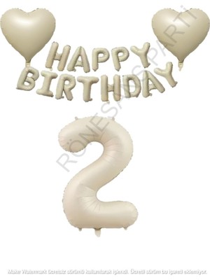 Bej Rengi Happy Bırthday Set Kalp ve Rakam Folyo Balon Seti Yaş 2