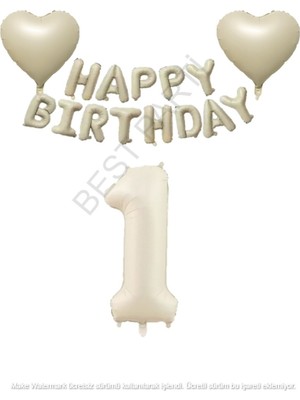 Bej Rengi Happy Bırthday Set Kalp ve Rakam Folyo Balon Seti Yaş 1