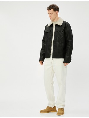 Koton Deri Görünümlü Ceket Cepli Peluş Yaka Detaylı Fermuarlı