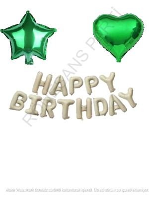 Yeşil Kalp Yıldız Folyo Balon ve Happy Bırthday Folyo Balon Seti