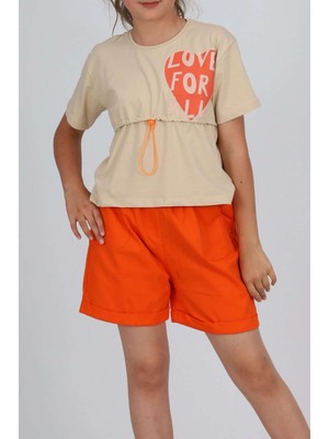 Miniğimin Cicileri Önü Büzgü Detaylı Love Baskılı Kız Çocuk Şortlu Takım - Bej