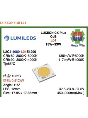 Philips Lumileds Cob LED 30W Luxeon Cx Plus Renk Sıcaklığı 3000K Ra:90 L2C4-3090-M03E900