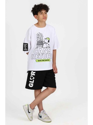 Miniğimin Cicileri Beyaz Oversize Bisiklet Yaka Kısa Kollu Baskılı Şortlu  Erkek Çocuk Takım