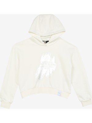 Caterpillar Ekru Kız Çocuk Bisiklet Yaka Crop Baskılı Sweatshirt C3WG-SWT14