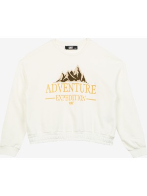 Caterpillar Ekru Kız Çocuk Bisiklet Yaka Oversize Baskılı Sweatshirt C3WG-SWT13