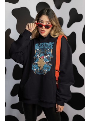 Fuddy Moda Blastoise Pokemon Baskılı Kapüşonlu Sweatshirt, Unisex Oversize Pokemon Baskılı Hoodie