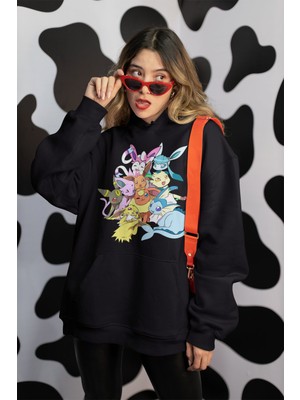 Fuddy Moda Eevee Pokemon Baskılı Kapüşonlu Sweatshirt, Unisex Oversize Pokemon Baskılı Hoodie
