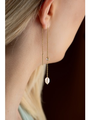 Nereze 925 Ayar Gümüş Gold Tektaş Detaylı Incili Zincir Küpe