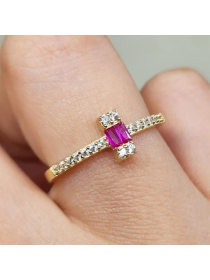 Fasek Gold Gümüş Yüzük - Lal Taşı Baget Modern Tasarım Minimal 925 Ayar Gümüş Yüzük