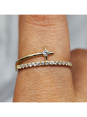 Fasek Gold Gümüş Yüzük - Fantezi Minimal Signity Swaroski (Zirkon) Taşlı 925 Ayar Gümüş Yüzük