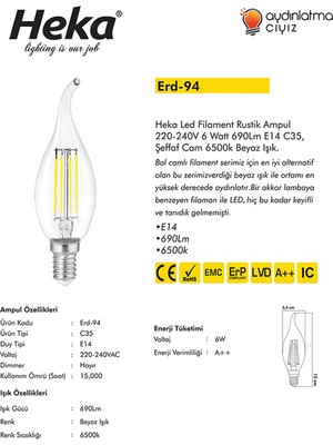 Heka 10'lu LED Filament Rustik Ampul Kıvrık Uç 6W E14 6500K (Beyaz Işık)