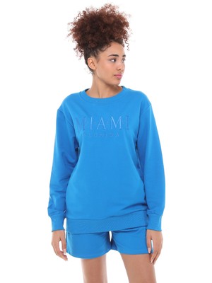 Fancy Kadın Bisiklet Yaka Miami Nakış Saks Mavi Şort Sweatshirt İkili Şortlu Takım