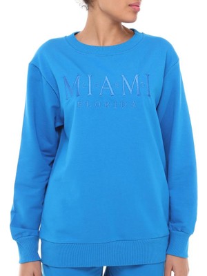 Fancy Kadın Bisiklet Yaka Miami Nakış Saks Mavi Şort Sweatshirt İkili Şortlu Takım