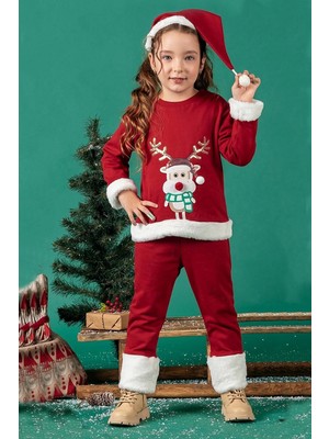 NSE Collection Unisex Çocuk Yılbaşı Christmas Noel Temalı Geyik Model Kapüşonlu 3 Ip Şardonlu 3 Parça Alt Üst Takım