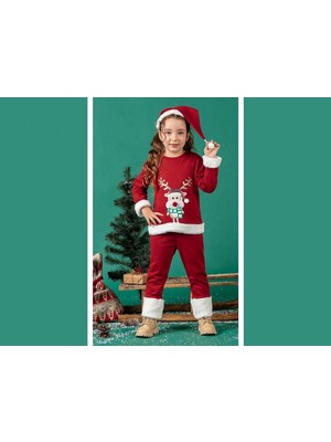 NSE Collection Unisex Çocuk Yılbaşı Christmas Noel Temalı Geyik Model Kapüşonlu 3 Ip Şardonlu 3 Parça Alt Üst Takım