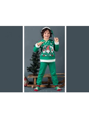 NSE Collection Unisex Çocuk Yılbaşı Christmas Noel Temalı 3 Cin Model Kapüşonlu 3 Ip Şardonlu 3 Parça Alt Üst Takım