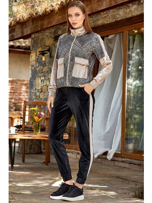 Cossy By Aqua 24342 Kadın Uzun Kollu Kazayağı Desen Kadife Eşofman Takımı-Bej