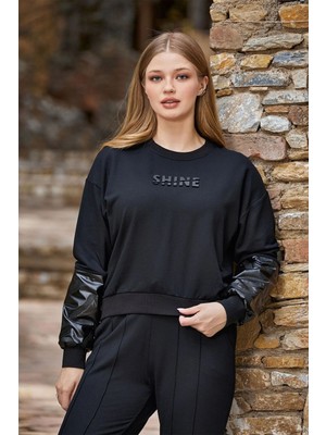 Cossy By Aqua 24250 Kadın Uzun Kollu Paçası Lastikli Baskı Detay Spor 2'li Takım-Siyah